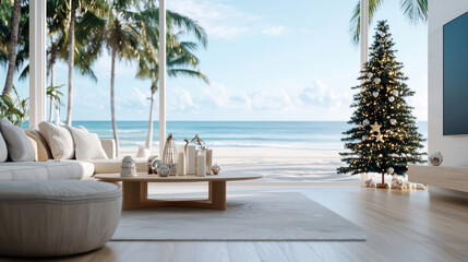 Christmas Decor in Beach House Living Room with Ocean View