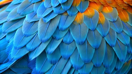 Obraz premium Blue and Orange Macaw Parrot Feather Texture Background – Beautiful Nature Closeup