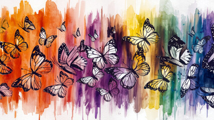 Abstract watercolor painting with black ink butterflies on vibrant background.