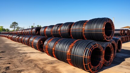 Stacked black tubing rolls on the construction site under a clear blue sky in the afternoon