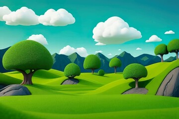 Naklejka premium Beautiful and Peaceful Nature Scenery Illustration Landscape Countryside Tranquil Vibrant and Colorful