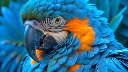 Obraz premium Blue and Orange Macaw Parrot Feather Texture Background – Beautiful Nature Closeup