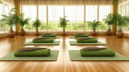 Fototapeta premium Transform your wellness routine with a tranquil yoga space featuring serene mats and natural light
