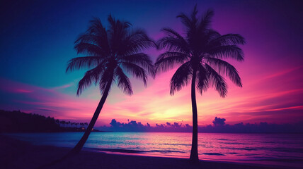 Obraz premium Night view with palm trees on the beach. Trendy and creative summer tropical background