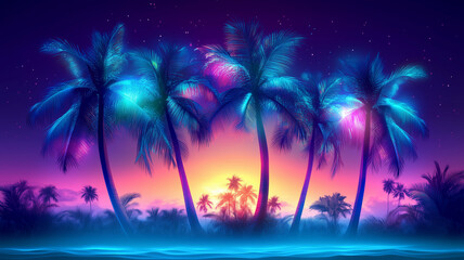 Obraz premium Night view with palm trees on the beach. Trendy and creative summer tropical background