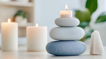 Create a serene home environment by balancing candles and stones for relaxation and mindfulness