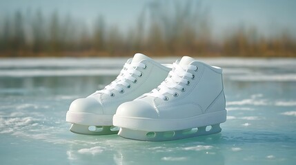 Stylish white ice skates on a frozen surface for winter sports and activities