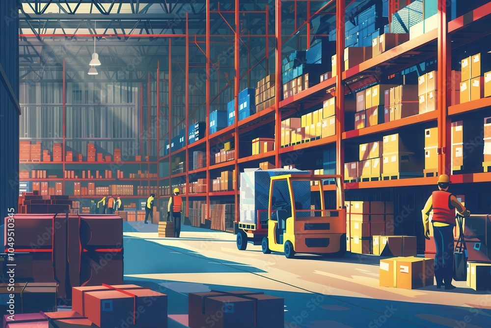 Poster Workers are handling boxes and pallets in a bustling warehouse, surrounded by tall shelves of well-organized inventory. Generative AI