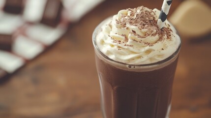 A rich and cold chocolate milkshake with a thick layer of cream and a straw, perfect for dessert