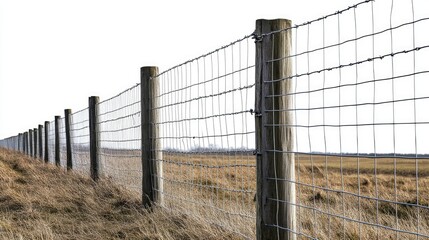 A secure livestock fence made of wire and steel posts, isolated on a transparent background
