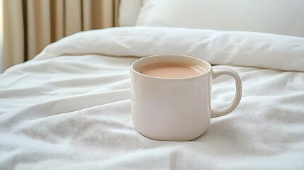 A cozy morning scene a cup of tea resting comfortably on soft white bedding for a relaxing start to the day