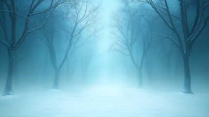 Fototapeta premium Enigmatic winter landscape a serene path through frosted trees in a mysterious foggy atmosphere