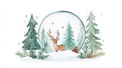Fototapeta premium Winter landscape with a deer in a snow globe surrounded by pine trees and snowflakes, creating a festive, magical winter scene.
