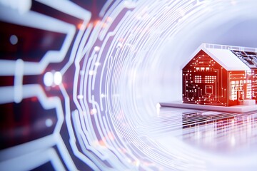 Naklejka premium An illustration of smart home technology with digital lights, connected buildings, and circuit lines on a white background