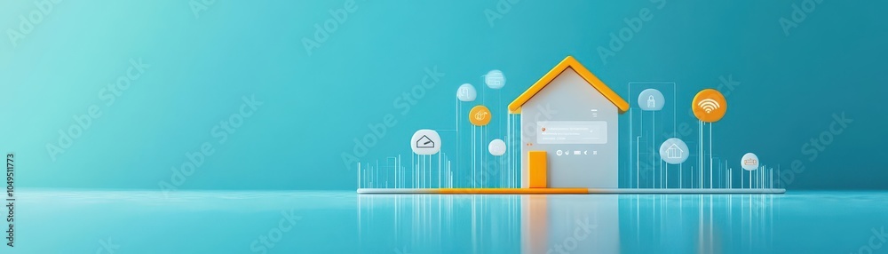 Poster Water leak detection app interface flat design, front view, smart home technology theme, 3D render, Complementary Color Scheme
