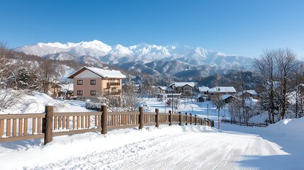 Fototapeta premium Breathtaking winter landscape with snow-covered mountains and serene village under clear blue sky