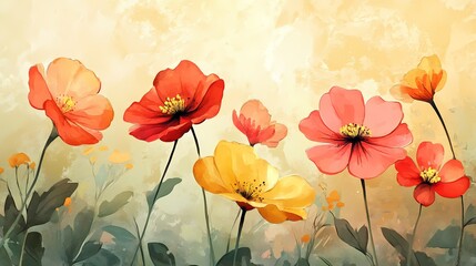 A vibrant painting of colorful flowers swaying gently, showcasing shades of red, pink, and yellow against a soft, warm background. © K9WORKS