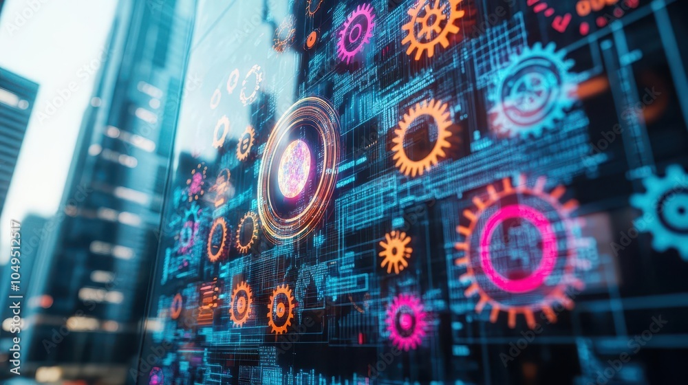 Poster rotating cogwheels, virtual holographic display, hightech urban setting