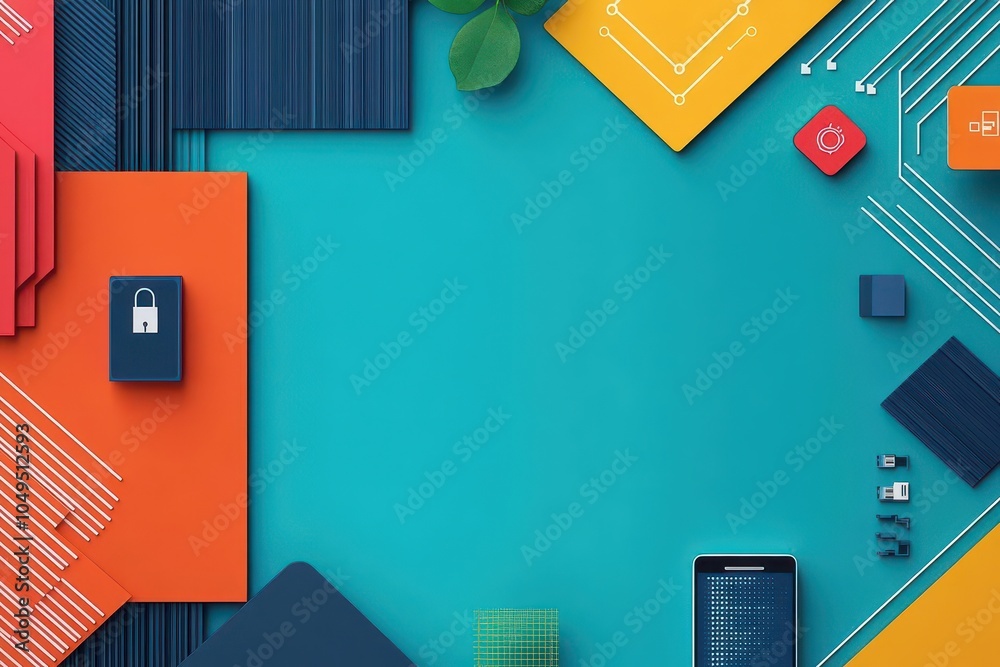 Poster protecting personal information from hackers in flat design, top view, smart home theme, water color