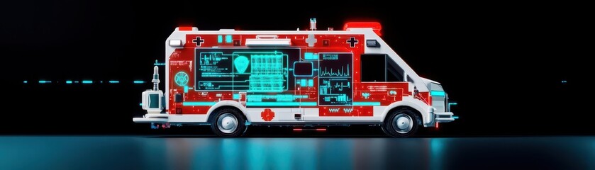 Obraz premium Robotic emergency medical responder, digital health data, futuristic ambulance scene