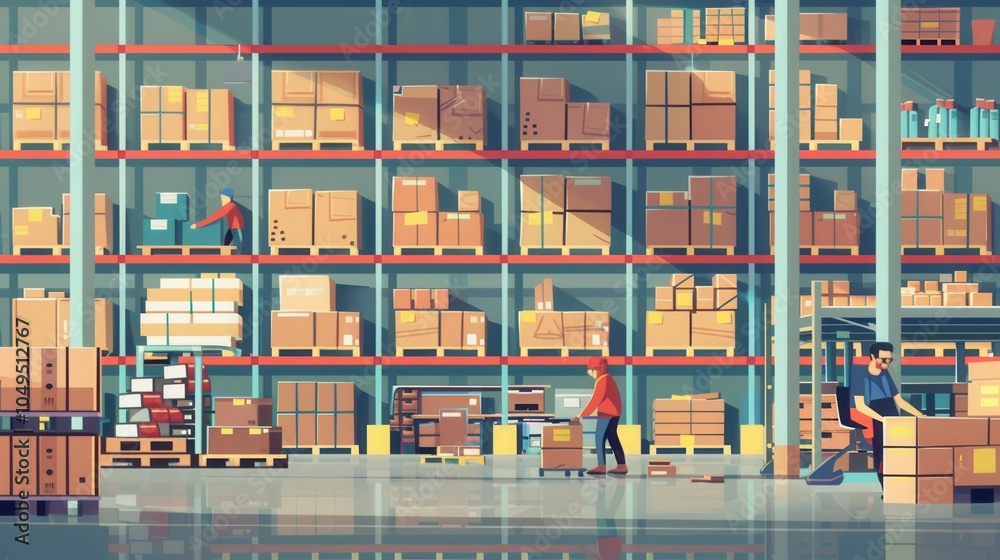 Poster in a busy warehouse, workers transport boxes and pallets while surrounded by organized shelves fille