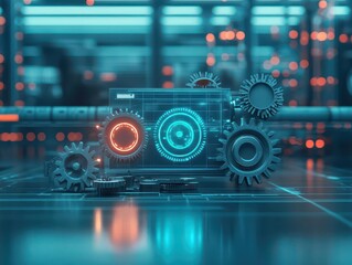 Obraz premium Metallic gears, glowing holograms, futuristic engineering room