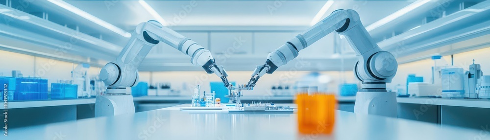 Poster hightech laboratory bathed in cold white light, robotic arms assembling advanced machines, overhead 