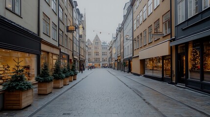 Obraz premium Charming cobblestone street in a historic european city center during the holiday season with festive decorations and trees