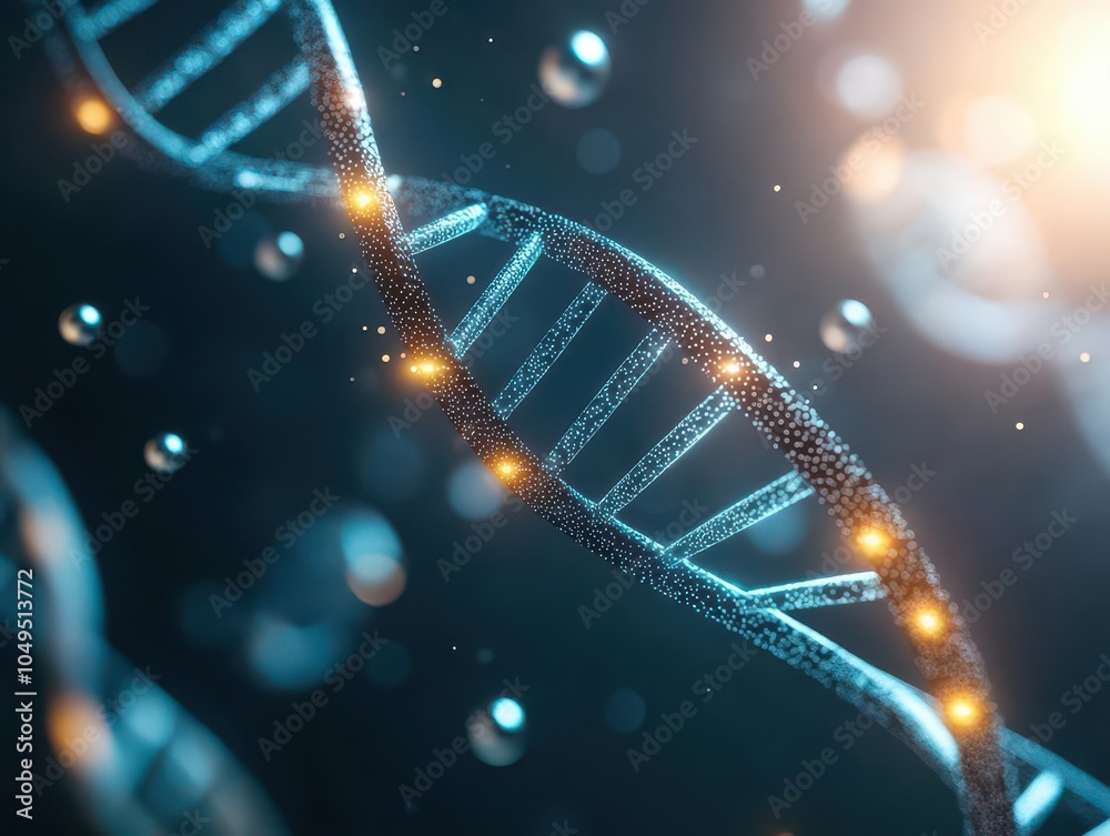 Poster futuristic banner with glowing dna strands, molecules orbiting in slow motion, seen from a slightly 