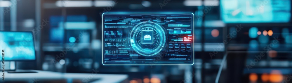 Aufkleber document audit with virtual assistant, floating holographic interface, hightech office environment
