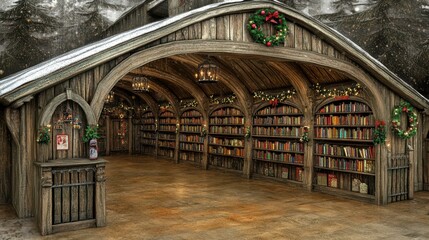 Fototapeta premium Explore the enchanting charm of a cozy holiday-themed library surrounded by nature's beauty