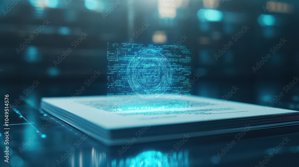 Poster digital document security review, floating holographic encryption, advanced ai analysis