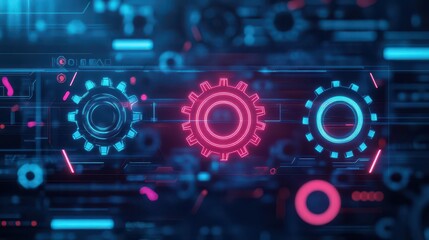 Obraz premium Digital mechanical gears, neon lights, futuristic machine shop