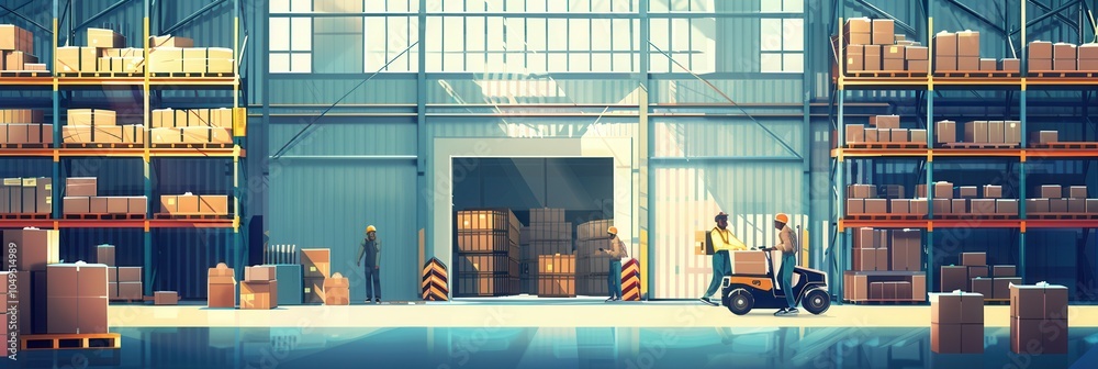 Fototapete Warehouse workers are organizing and transporting boxes on pallets inside a well-stocked facility during the day. Generative AI