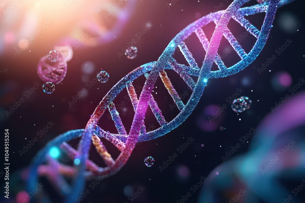 Poster Banner with a floating DNA sequence, molecules orbiting around in vivid color, backlit by a deep purple glow, shot from a front angle, ethereal lighting