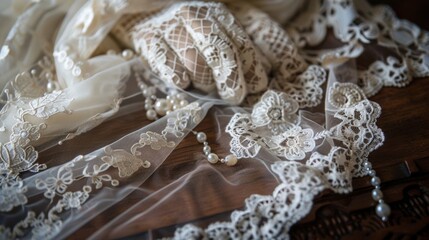 A beautiful arrangement of lace gloves on a vintage table runner accented with delicate lace doilies and small pearls exuding a sense of luxury and refinement.