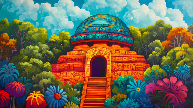 El caracol, observatory temple colorful painting. Mayan Observatory. Illustration