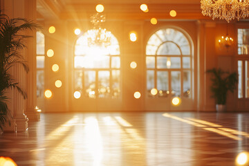 Luxurious room interior with warm golden light creates a bokeh effect
