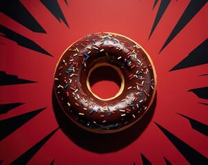 Chocolate donut with colorful sprinkles on a bold red background creating an eye-catching visual...