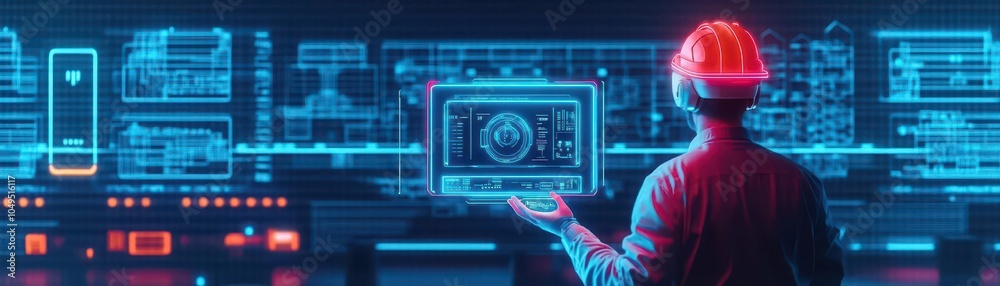 Poster A worker controlling heavy machinery through a holographic control panel displayed on their augmented reality headset