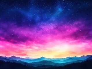 A whimsical watercolor twilight sky with deep purples, and the first stars appearing, fading into a velvety night above a peaceful landscape