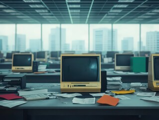 Naklejka premium Abandoned corporate office, broken computers, scattered documents, dim lighting, Business Failure, Realism, Muted tones, Soft shadows, Detailed textures