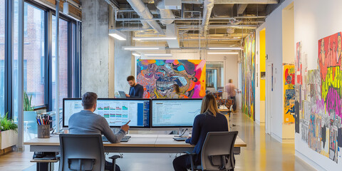 Obraz premium Businesspeople working in modern creative office with colorful street art mural