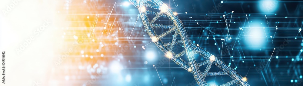 Poster A minimalist banner with a glowing DNA strand and molecular details, backlit in soft white, viewed from a diagonal front angle, subtle shadows adding depth