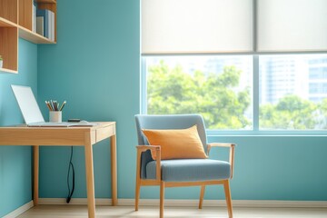 A modern apartment with a designated work nook and a cozy reading chair by the window, side view, illustrating relaxation in workspaces, digital tone, Complementary Color Scheme