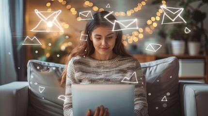 working businesswoman at office company send message online or e-mail or digital newsletter to customers.	
