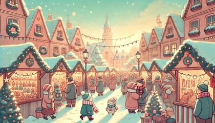 Obraz premium A Delightful European Christmas Market on a Bright Winter Day, with Festive Stalls, Handmade Gifts, and a Cozy Atmosphere in a Whimsical Storybook Style
