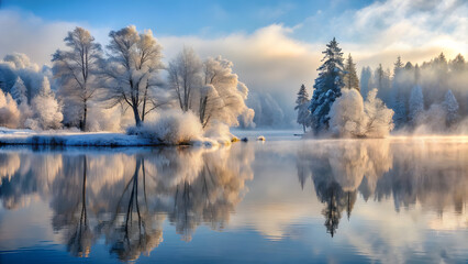 Fototapeta premium Silver Mist Enveloping a Winter Lake. Perfect for: Winter Landscape, Nature Escape