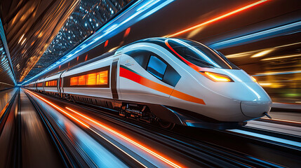 In the evening, the high-speed train running rapidly in the city