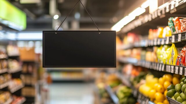 Empty black chalkboard sign hanging in a grocery store aisle, with blurred shelves of colorful products and fresh produce in the background.